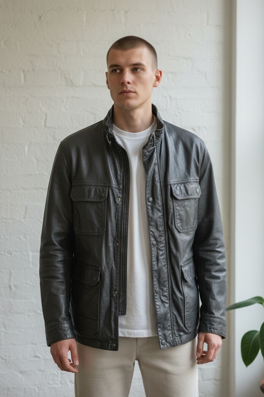 FCUK French Connection Men's Black Utility Moto Coated Denim Jacket Military XXL